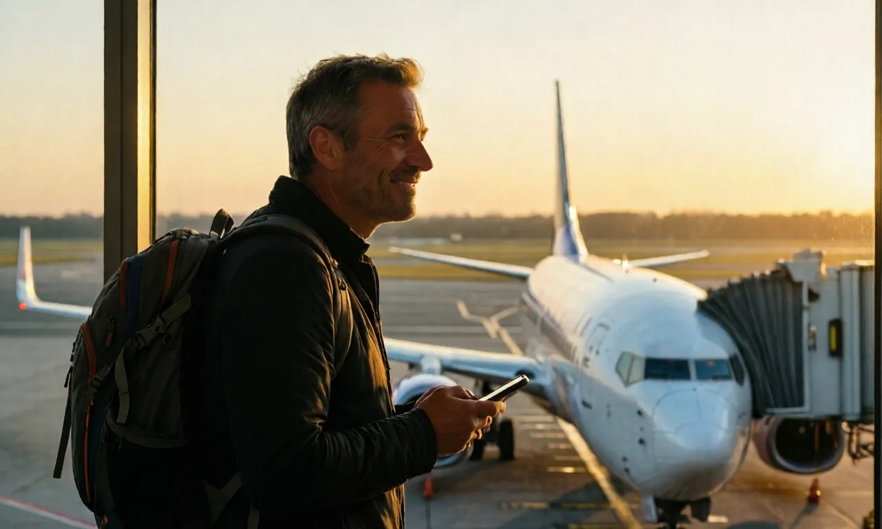 Un hombre con mochila mira un avión desde la puerta de embarque al amanecer